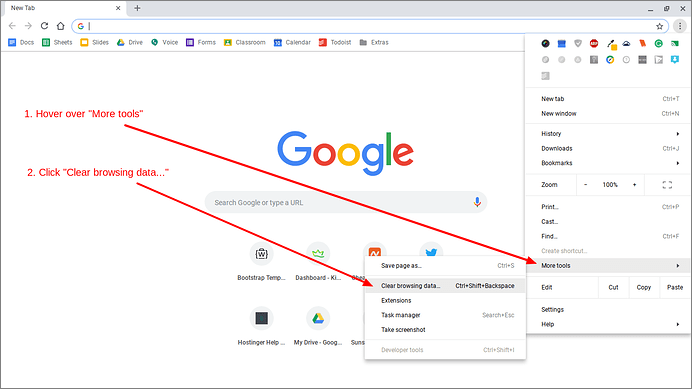 انقر فوق بيانات التصفح من خيار المزيد من الأدوات