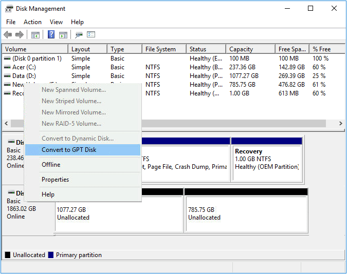 convert to gpt disk in disk management