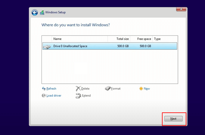 select new ssd to install windows 11