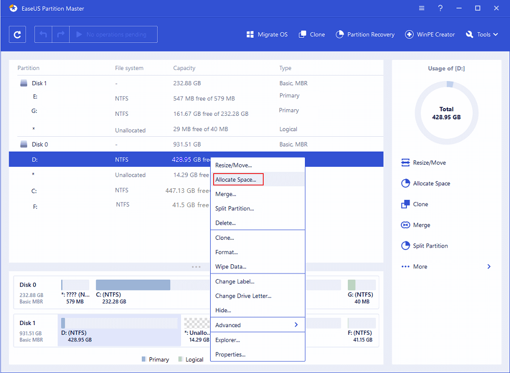 Select partition to allocate space