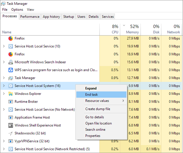 إنهاء المهمة في إدارة المهام لإزالة الخطأ